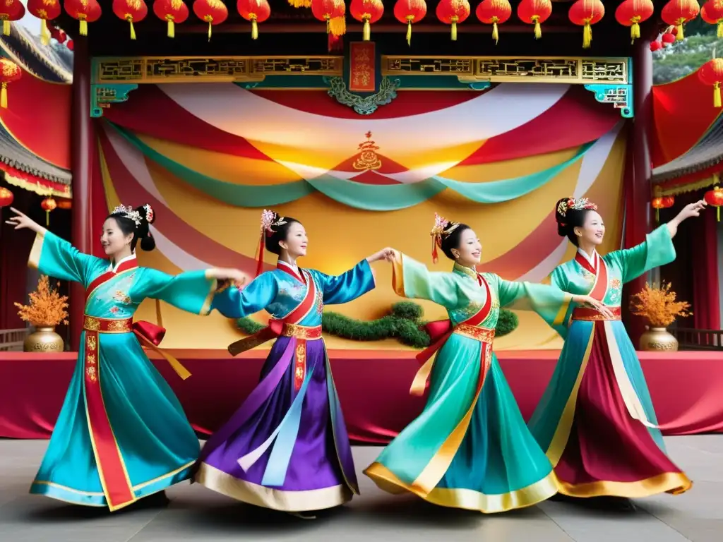 Grupo de bailarines chinos realizando la Danza de la cinta china tradicional, con movimientos sincronizados y coloridos