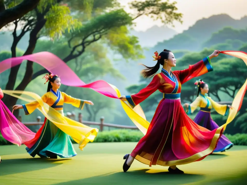 Grupo de bailarines chinos ejecutando la Danza de la cinta china tradicional al aire libre, con movimientos elegantes y coloridos