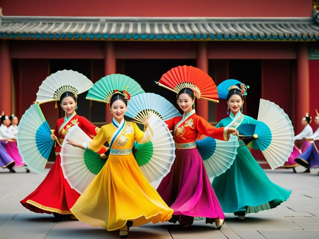 Grupo de bailarines chinos danzando con elegancia y precisión, capturando la esencia de la Danza del Ventilador en China con gracia y colorido