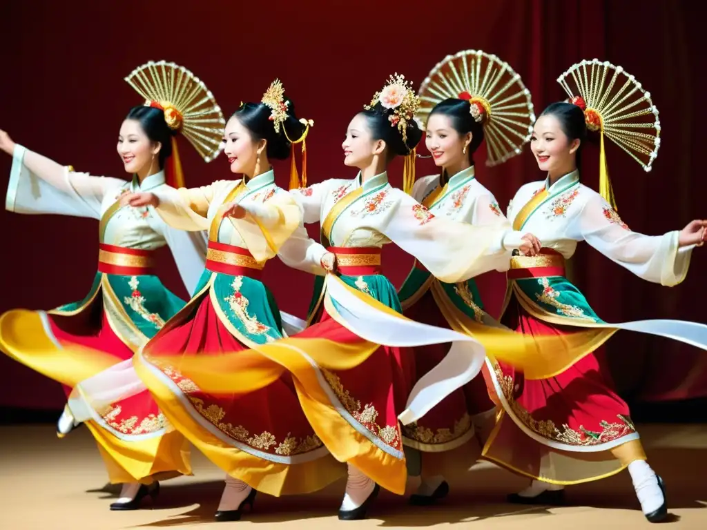 Un grupo de bailarines chinos tradicionales vistiendo trajes vibrantes y elegantes, danzando en armonía con elegancia oriental