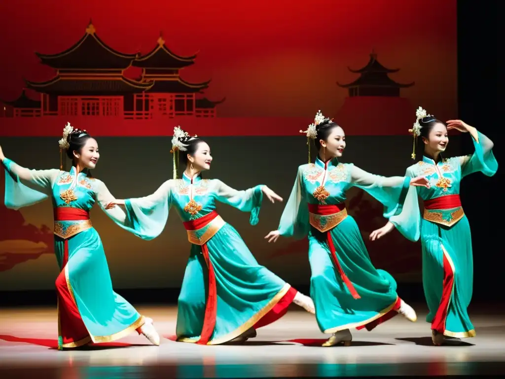 Grupo de bailarines chinos en trajes tradicionales ejecutando una danza sincronizada, capturando la elegancia de la danza china