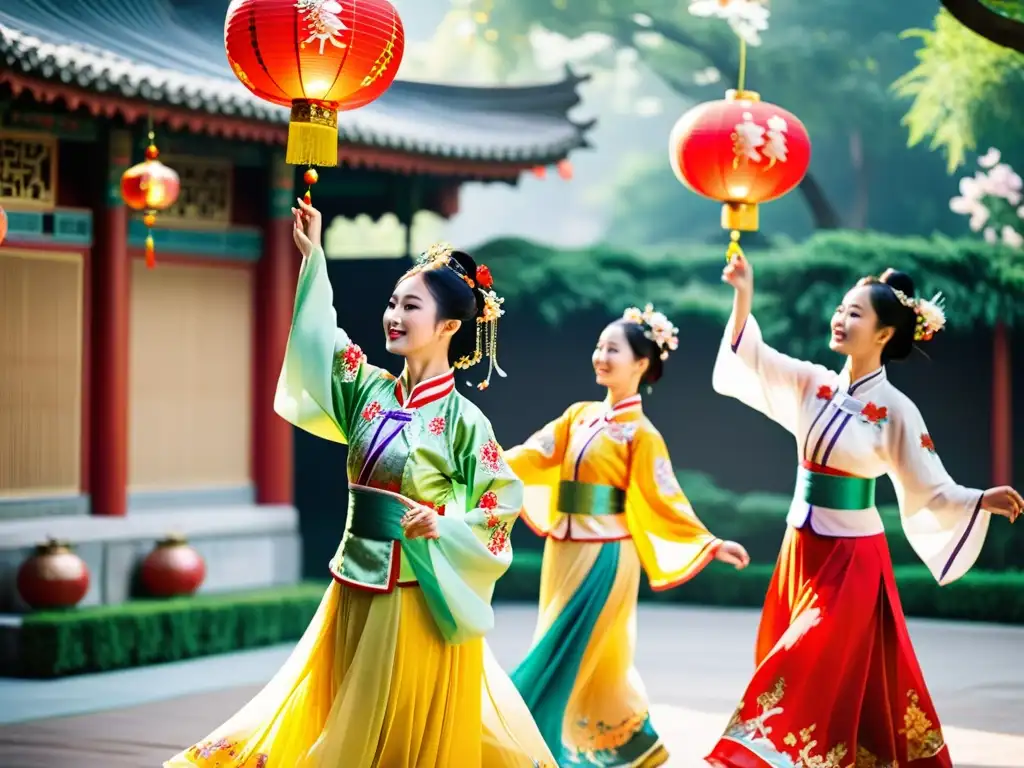 Grupo de bailarines chinos en trajes vibrantes realizando danzas tradicionales del festival Qixi en un patio soleado, evocando tradición y celebración