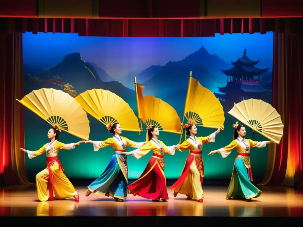 Grupo de bailarines chinos en trajes coloridos ejecutando una danza sincronizada en un escenario con flautas de bambú