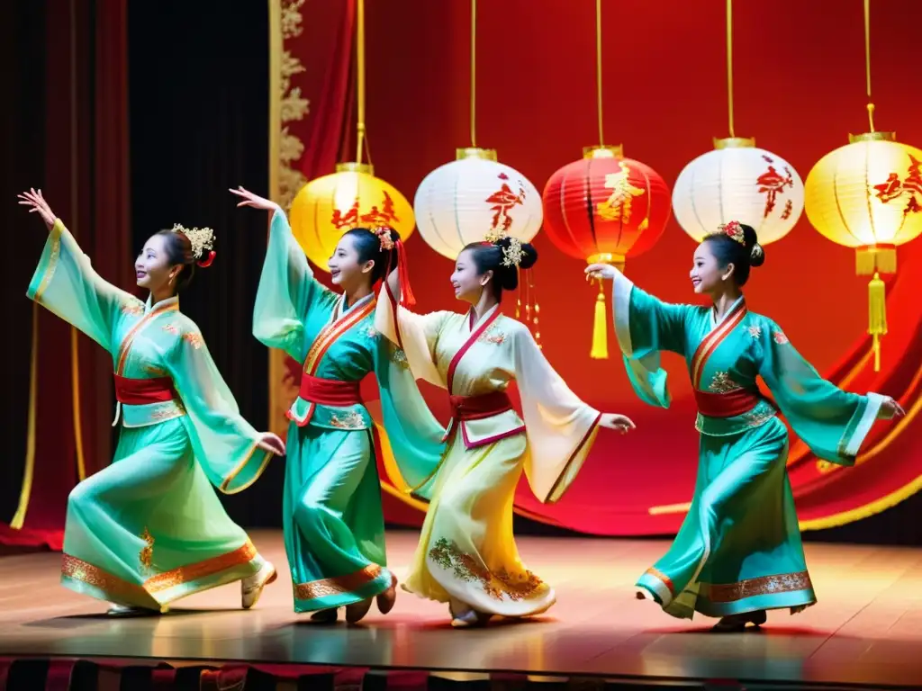 Un grupo de bailarines chinos en trajes coloridos ejecutan una danza sincronizada en un escenario adornado con decoraciones ornamentadas