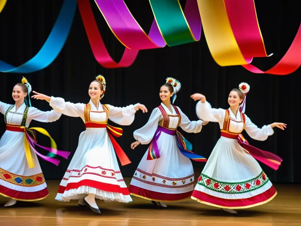 Grupo de bailarines danzando con cintas de Europa del Este, mostrando la maestría en una colorida y alegre presentación