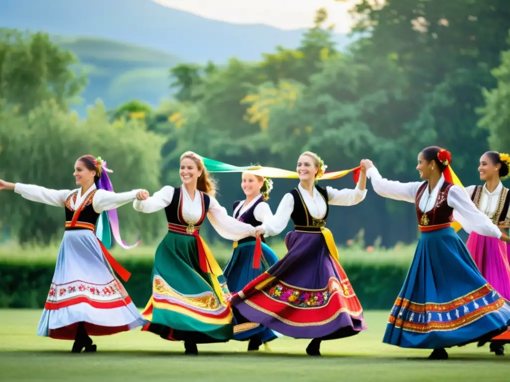 Grupo de bailarines con cintas en un paisaje de Europa del Este, mostrando gracia y destreza en una masterclass de danzas