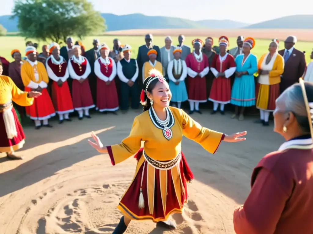 Grupo de bailarines en círculo con trajes vibrantes y tocados elaborados, danza tradicional al aire libre