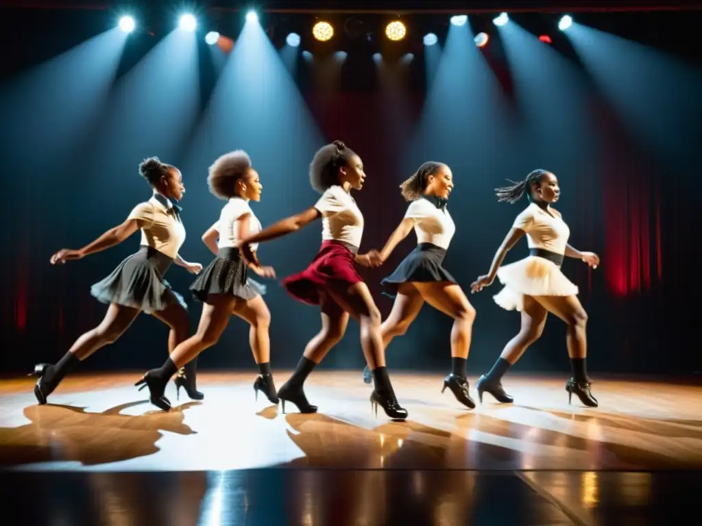 Grupo de bailarines de claqué afroamericanos en escenario iluminado, mostrando pasión y ritmo