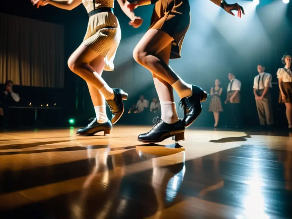 Un grupo de bailarines de claqué en un escenario tenue, vistiendo trajes vintage, realizando pasos vibrantes