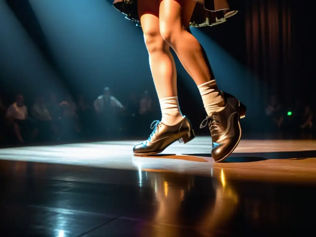 Grupo de bailarines de claqué en un escenario oscuro, iluminados por un foco, transmitiendo la pasión y precisión del claqué