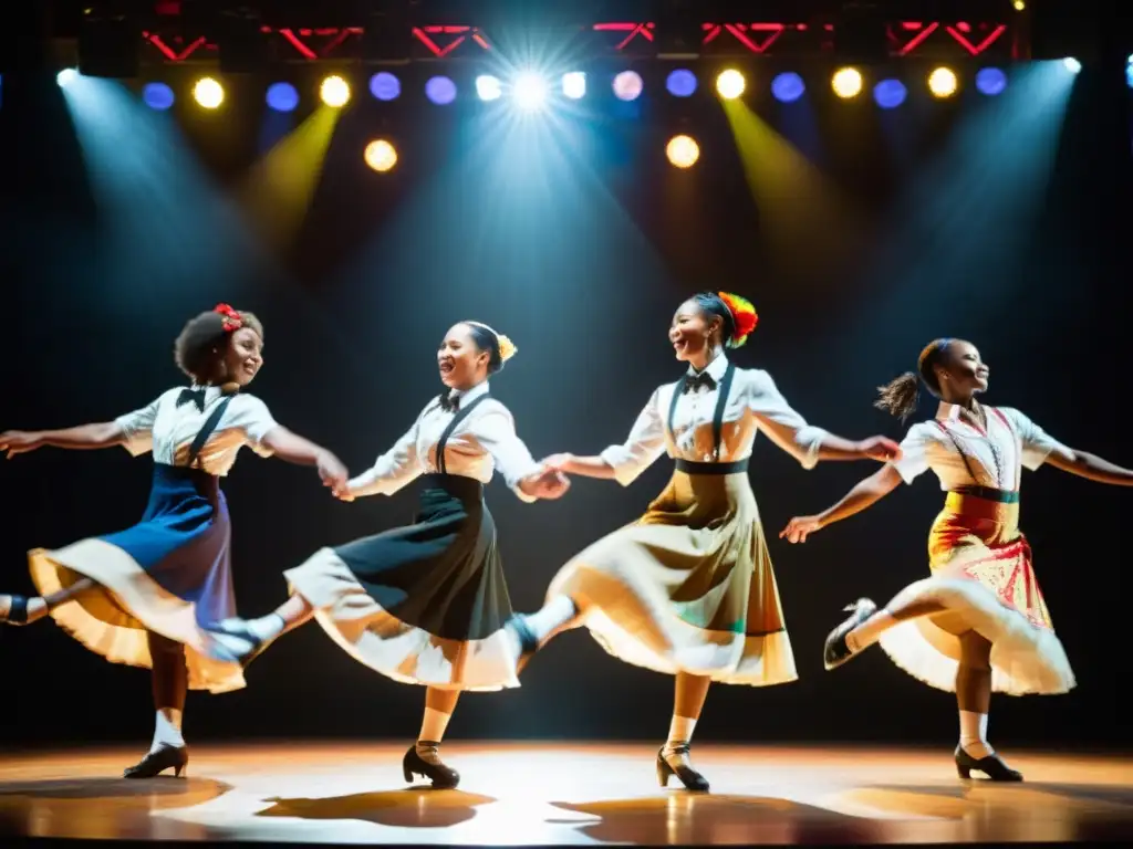 Un grupo de bailarines de claqué internacional, cada uno vestido con trajes tradicionales de sus países, se reúnen en un escenario con poca luz