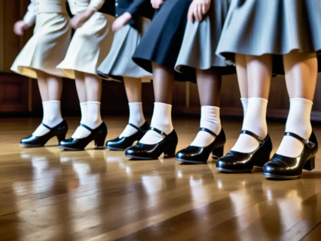 Grupo de bailarines de claqué de principios del siglo XX, en pleno baile, emitiendo elegancia atemporal y ritmo