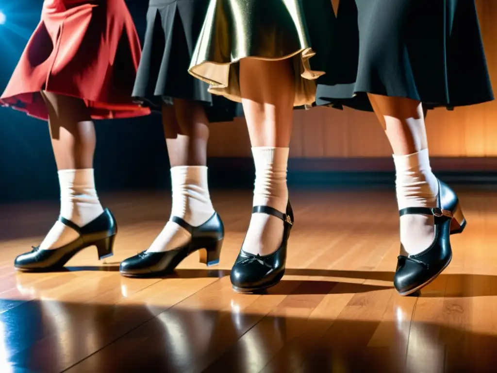 Grupo de bailarines de claqué profesionales realizando una impresionante actuación en el escenario de madera iluminado suavemente