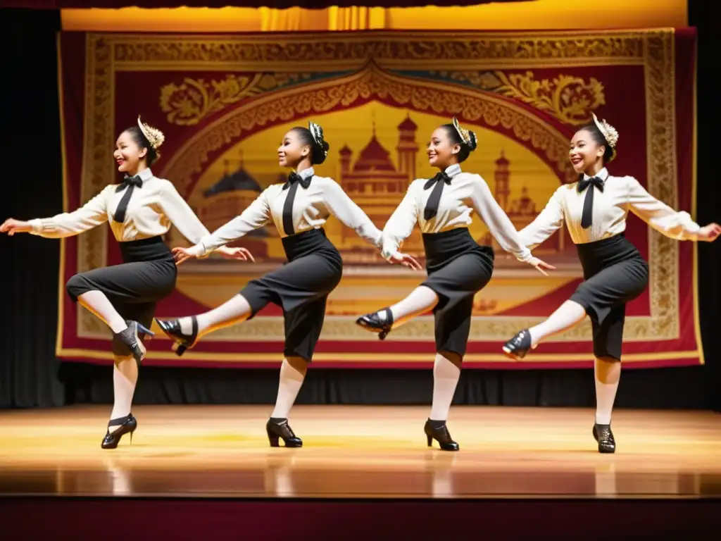 Grupo de bailarines de claqué en trajes tradicionales, ejecutando rutinas precisas en un escenario decorado con tapices históricos