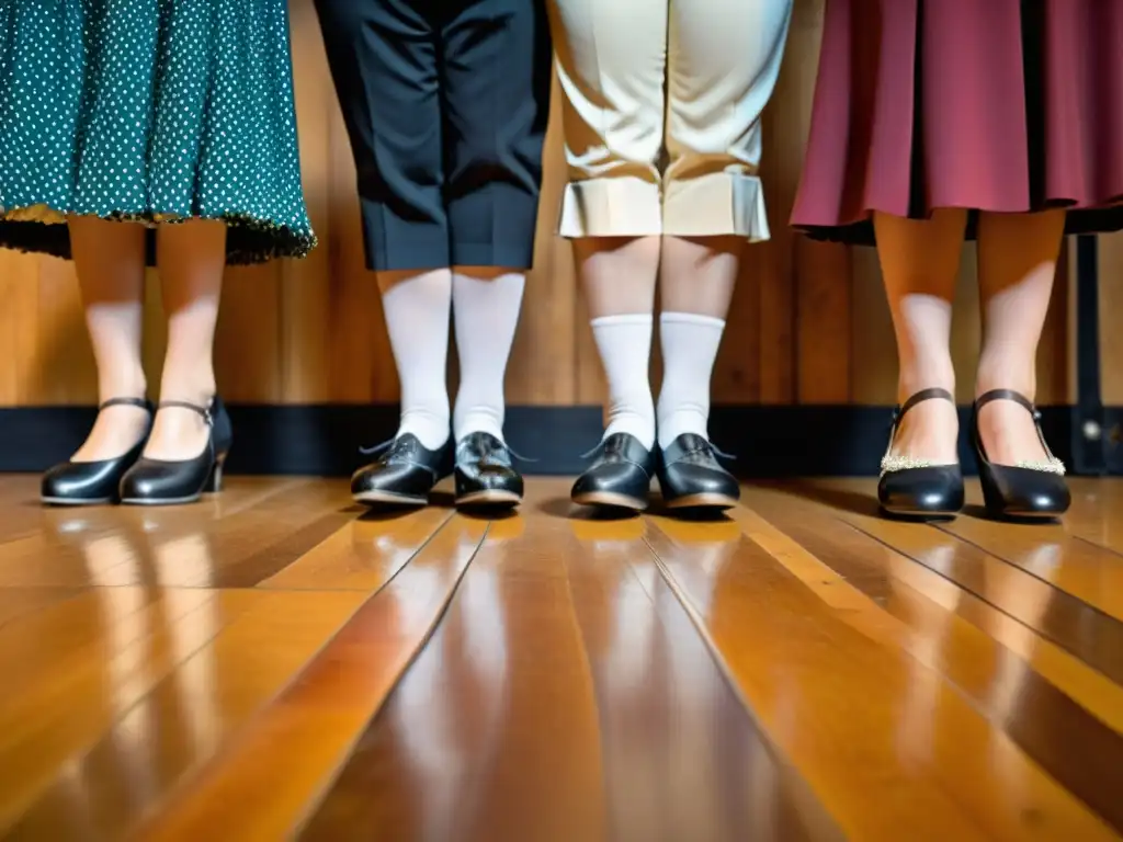 Grupo de bailarines de claqué con trajes vintage en un escenario de madera, evocando la historia y técnicas de claqué internacional