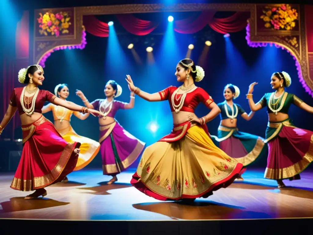 Grupo de bailarines clásicos de la India en trajes vibrantes y elaborados, actuando en un escenario decorado con flores y diseños coloridos, rodeados de músicos, capturando la gracia y belleza del Compás de Bollywood y Danzas Clásicas