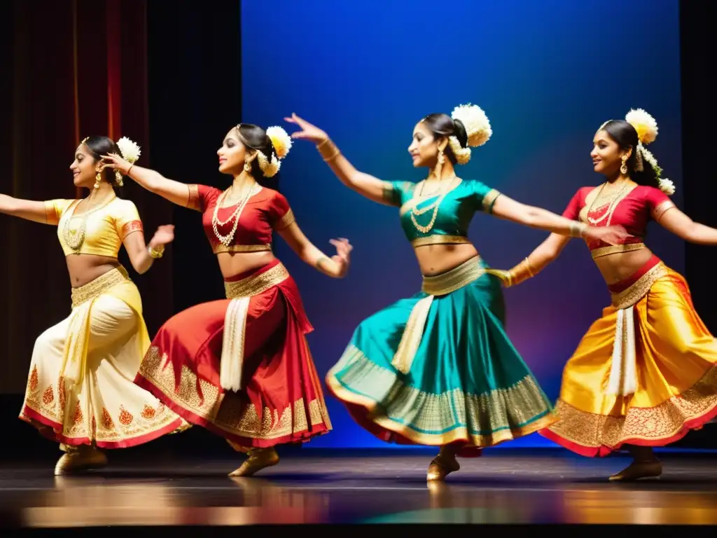 Grupo de bailarines clásicos indios en trajes de seda vibrantes y patrones intrincados, expresando la danza india con gracia y elegancia