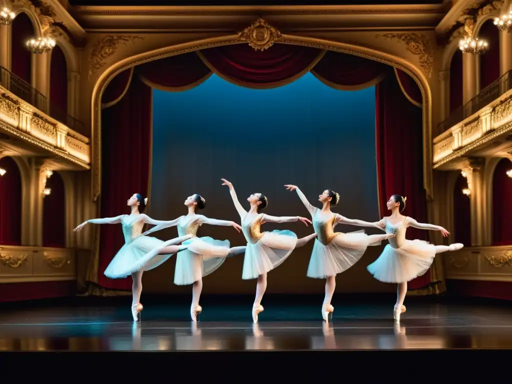 Grupo de bailarines clásicos en trajes exquisitos realizando un grand jeté en un teatro histórico