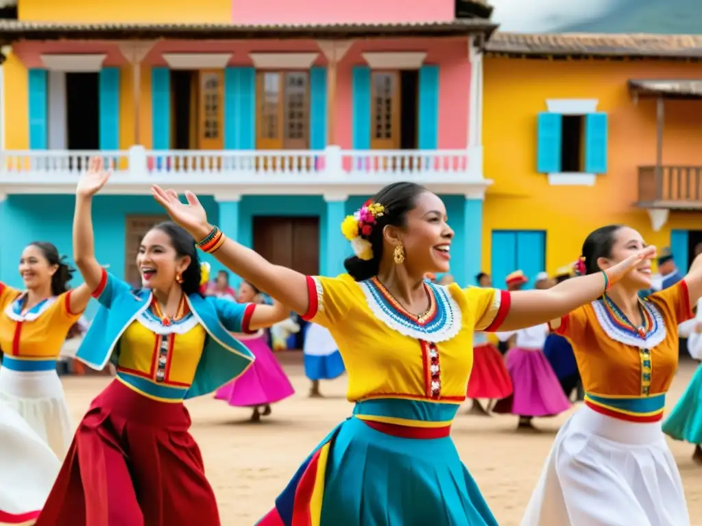 Grupo de bailarines colombianos danzando Garabato, expresión cultural llena de alegría y color