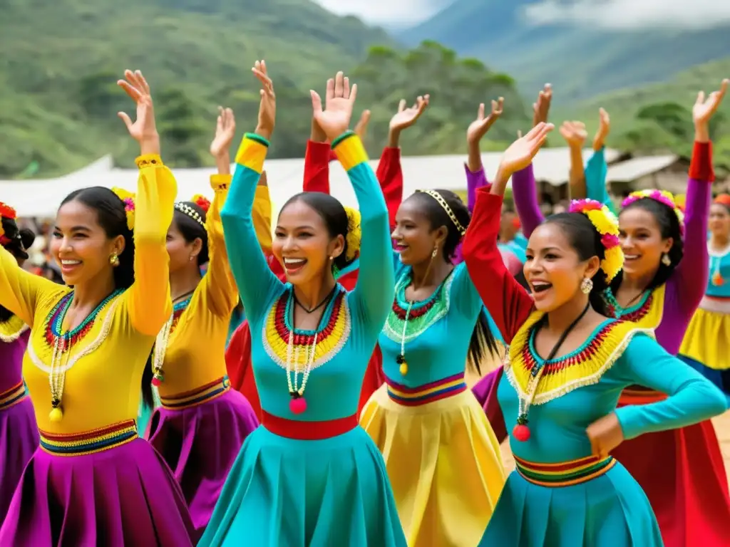 Grupo de bailarines colombianos realizando el Mapalé, una danza afrocolombiana llena de color y energía, en un animado desfile callejero