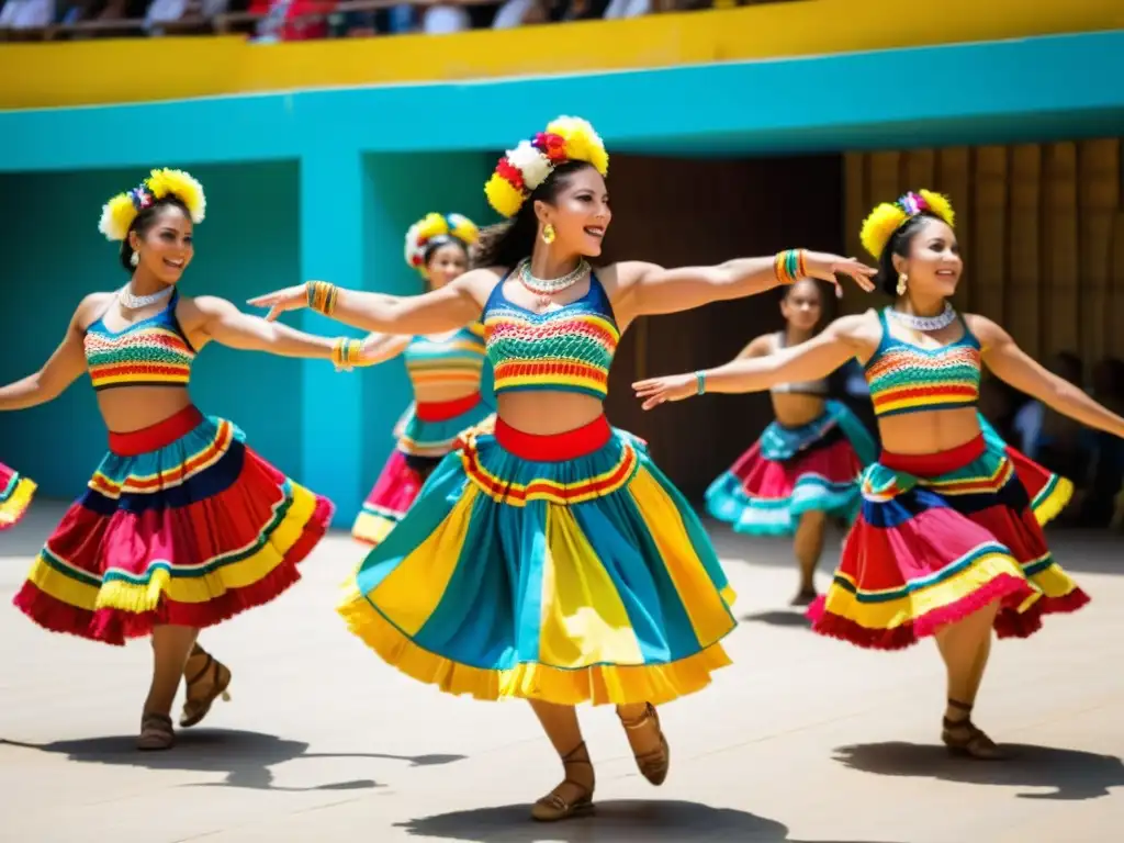 Un grupo de bailarines colombianos realiza el tradicional baile Mapalé con trajes vibrantes