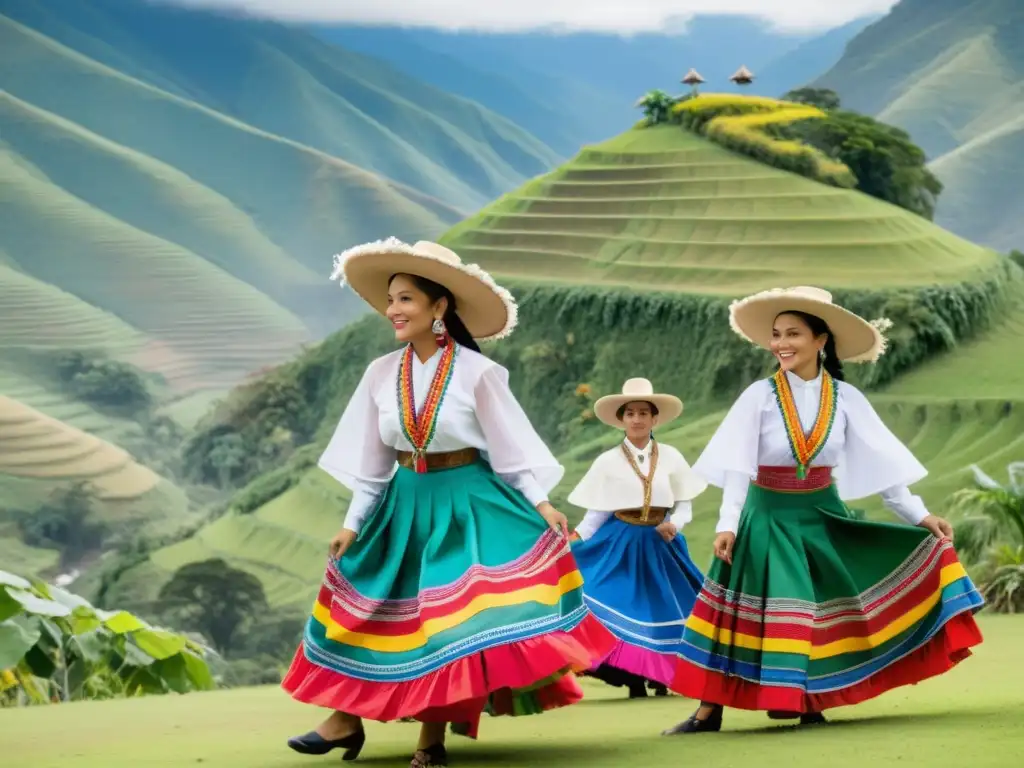 Grupo de bailarines colombianos en trajes tradicionales realizando la técnica de baile del tiple colombiano en un paisaje pintoresco