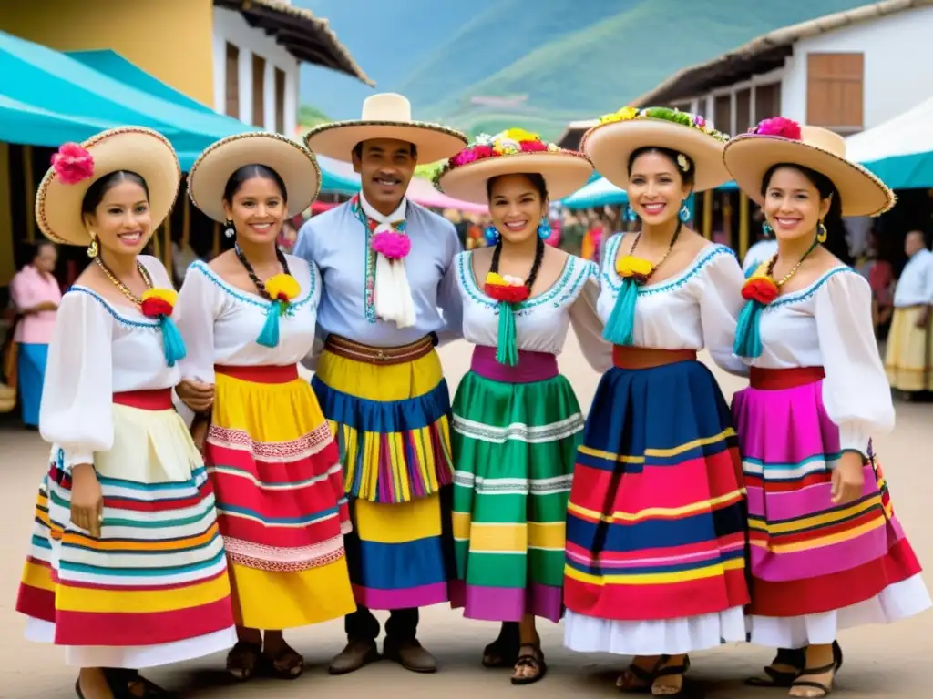 Grupo de bailarines colombianos con trajes tradicionales representativos de Colombia, en una danza colorida y festiva en un bullicioso mercado