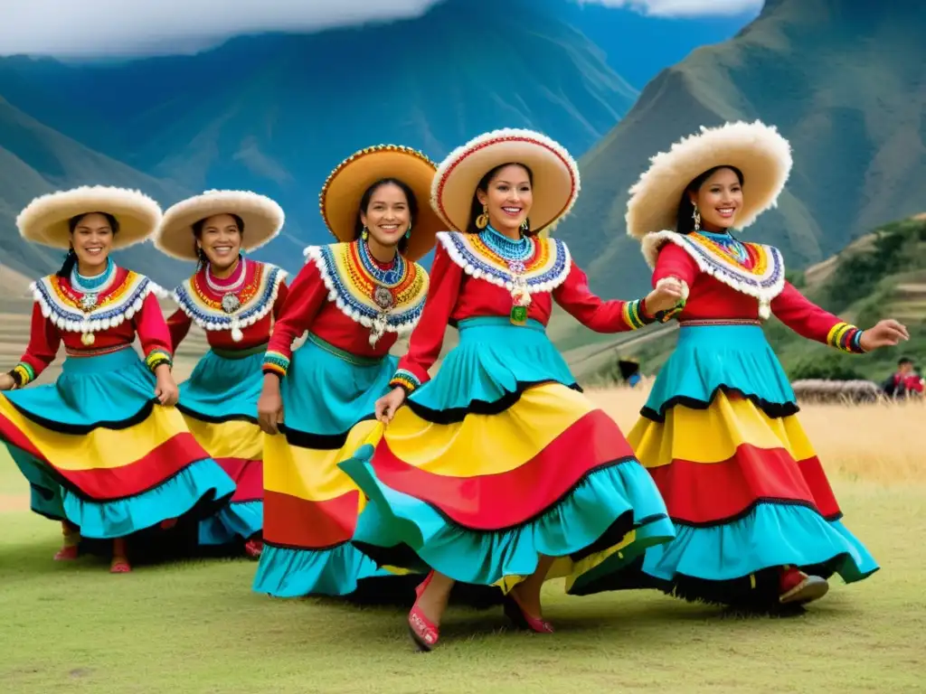 Grupo de bailarines colombianos con trajes vibrantes danzando el Bambuco en las montañas andinas: ritmo andino Colombia