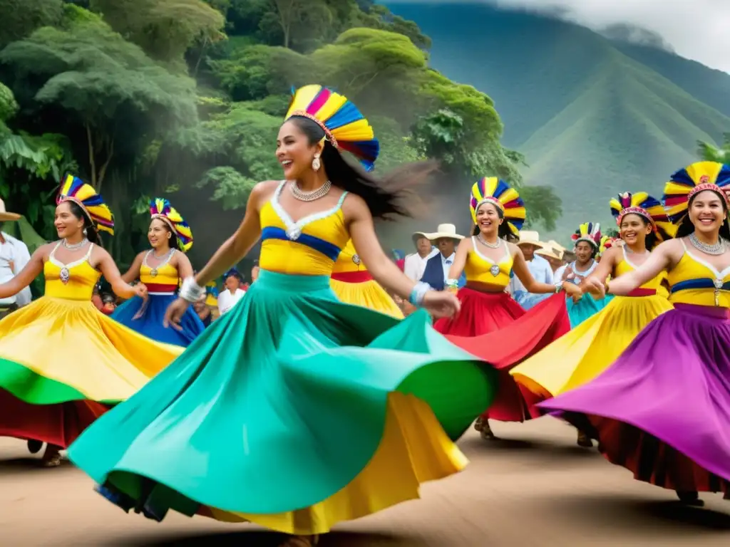 Grupo de bailarines colombianos en trajes tradicionales danzando al ritmo del Mapalé, rodeados de una multitud alegre