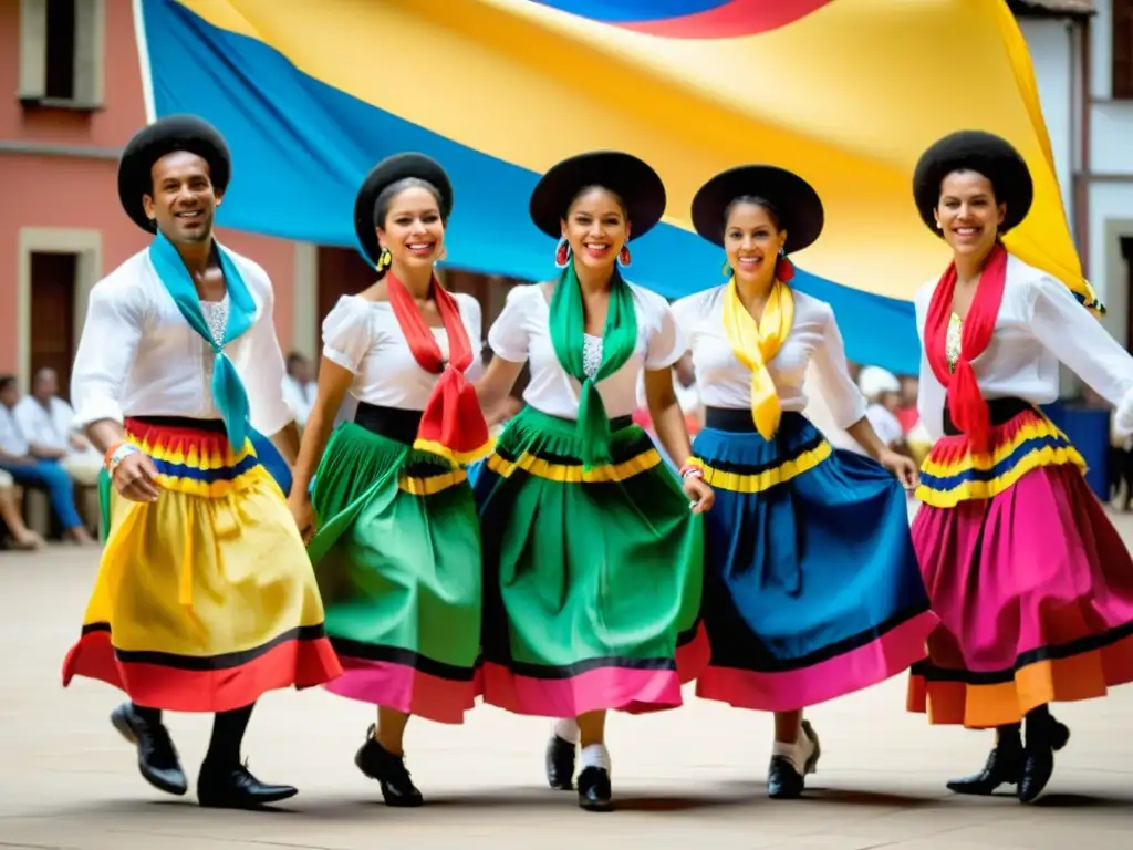 Grupo de bailarines colombianos en trajes tradicionales, danzando el Son de Negro con alegría y determinación, en un paisaje exuberante