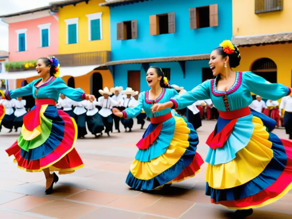 Grupo de bailarines colombianos luciendo trajes tradicionales en una animada danza del Garabato en la plaza del pueblo