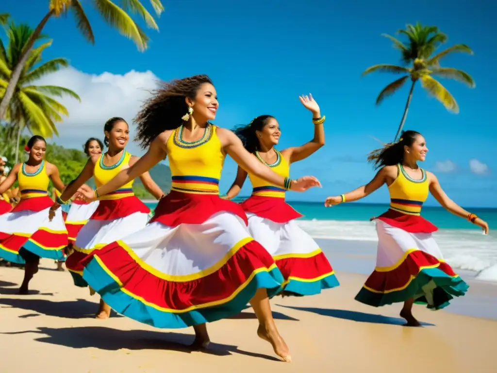 Grupo de bailarines colombianos en trajes tradicionales realizando el enérgico Mapale en la playa