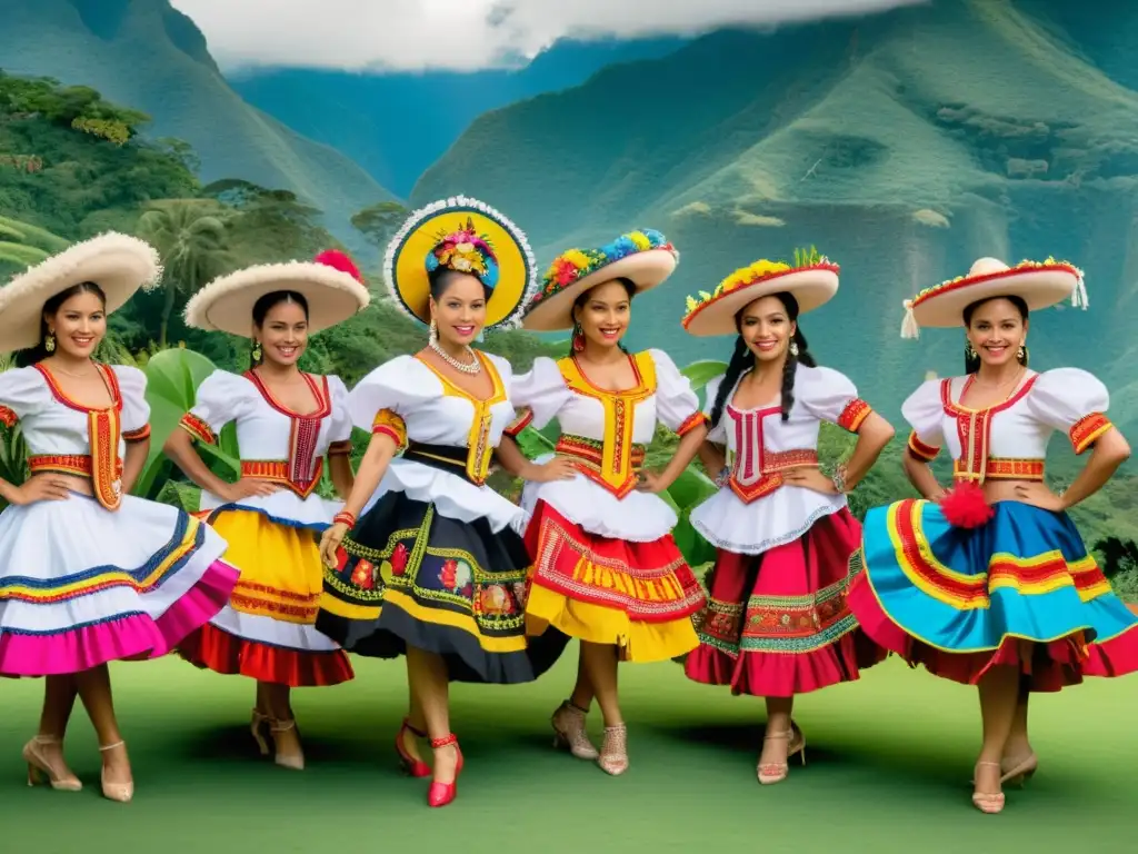 Grupo de bailarines colombianos con trajes tradicionales representativos de Colombia, inmersos en la energía y la celebración cultural