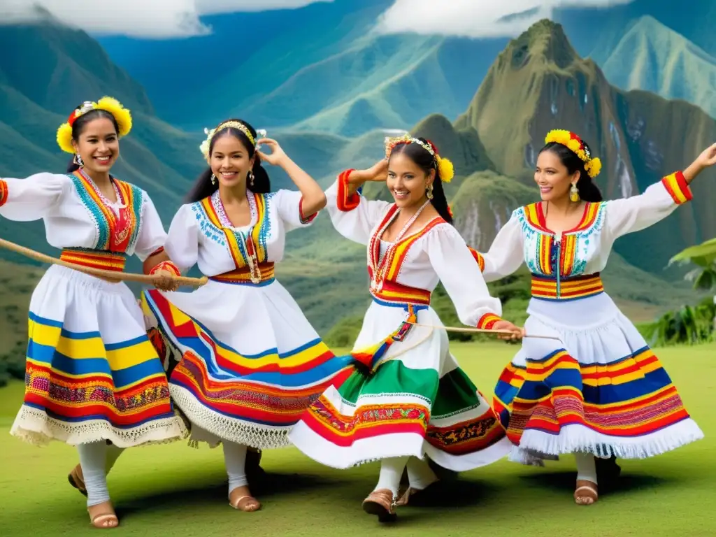 Grupo de bailarines colombianos con trajes tradicionales coloridos danzando al ritmo del tiple en paisaje andino