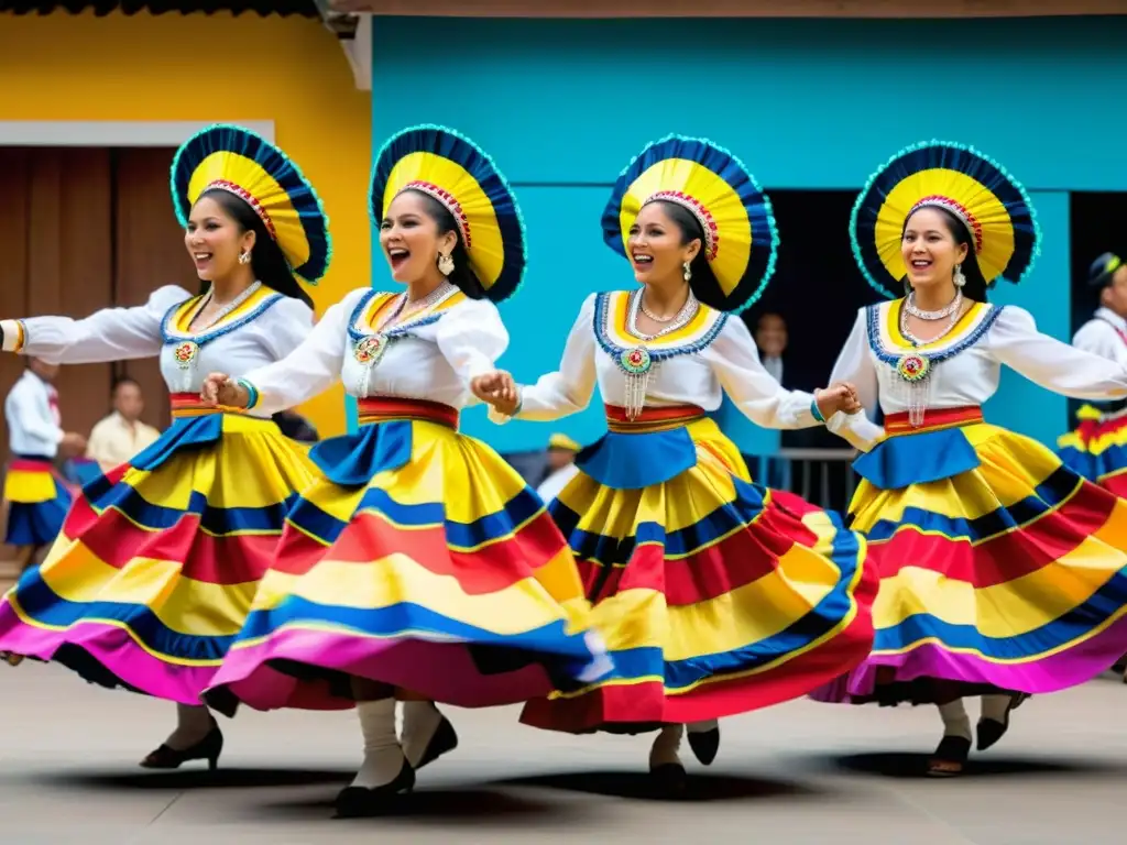 Grupo de bailarines colombianos en vibrantes trajes tradicionales, danzando al ritmo de la música folclórica en un festival