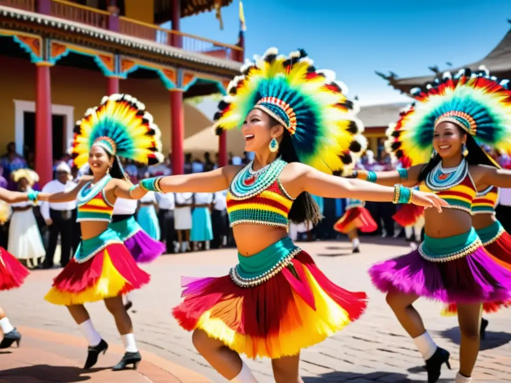 Un grupo de bailarines coloridos ejecutan una danza tradicional en la plaza, rodeados de espectadores