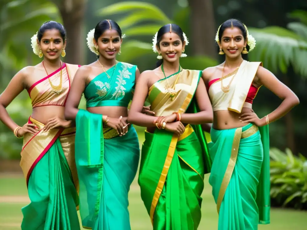 Un grupo de bailarines de Sri Lanka vistiendo coloridos saris con patrones intrincados, en una pose tradicional