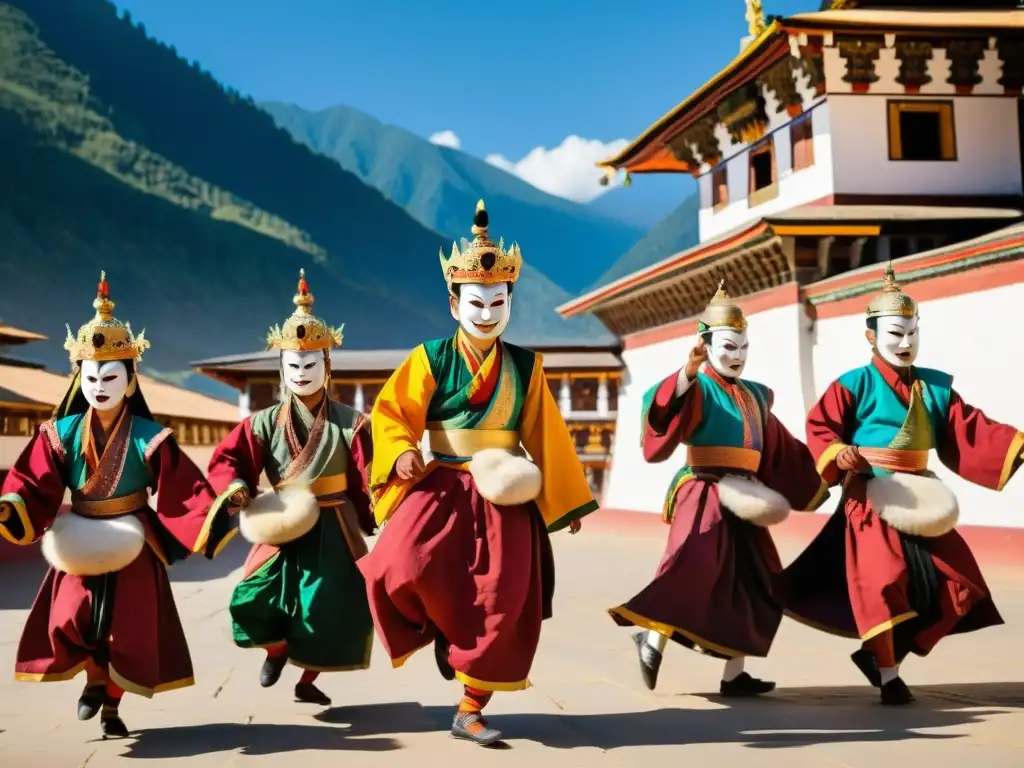 Grupo de bailarines con coloridos trajes y máscaras, realizando un baile de máscaras de Bután en el majestuoso Punakha Dzong al atardecer