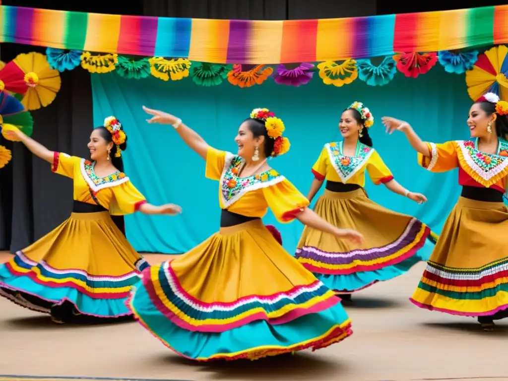 Grupo de bailarines en coloridos trajes ejecutando danza folclórica mexicana con ritmos europeos