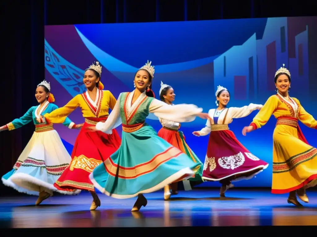 Grupo de bailarines en coloridos trajes tradicionales, expresando la preservación de danzas diaspóricas