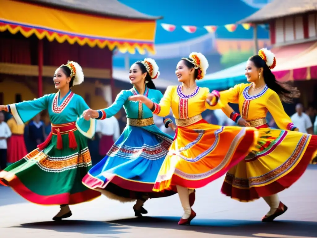 Grupo de bailarines en coloridos trajes tradicionales danzan en un animado mercado, capturando la esencia de la música y las danzas tradicionales