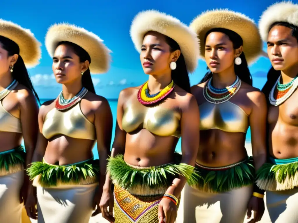 Grupo de bailarines de Kiribati con coloridos trajes tradicionales y accesorios de significado cultural, en pleno baile