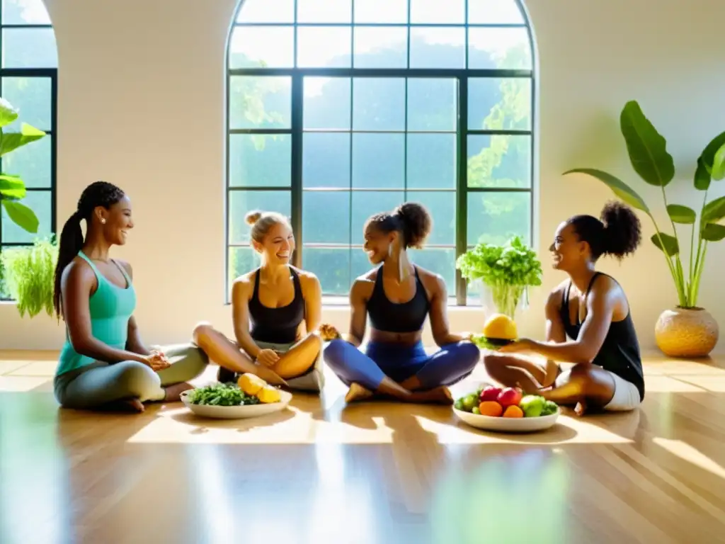 Grupo de bailarines disfrutan comida nutritiva y comparten la importancia de la nutrición en danza en un estudio luminoso y naturalmente acogedor