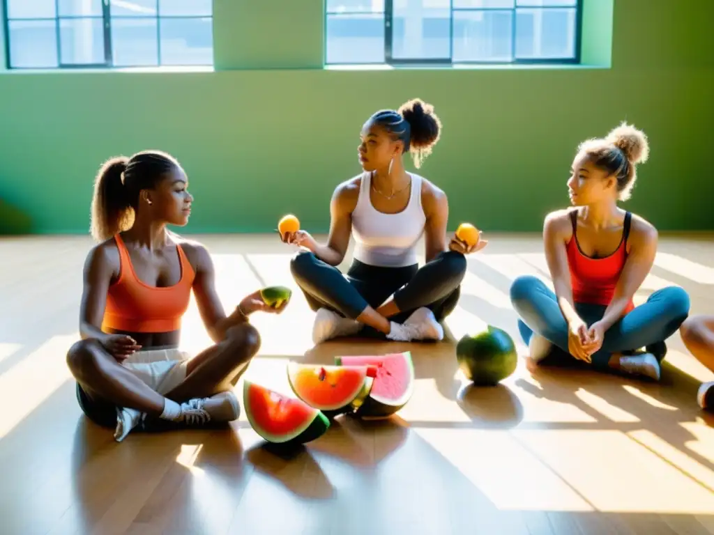 Grupo de bailarines planificando comidas para giras, disfrutando de frutas y verduras en un estudio luminoso