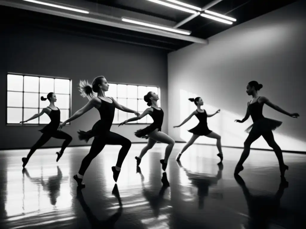 Grupo de bailarines ensayando una compleja rutina en un estudio, con movimientos gráciles capturados en el aire