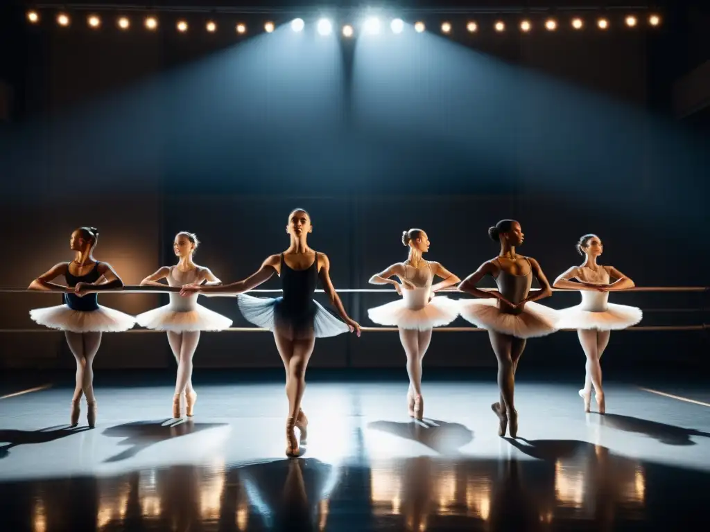 Grupo de bailarines concentrados en el estudio, practicando técnicas de concentración y entrenamiento mental