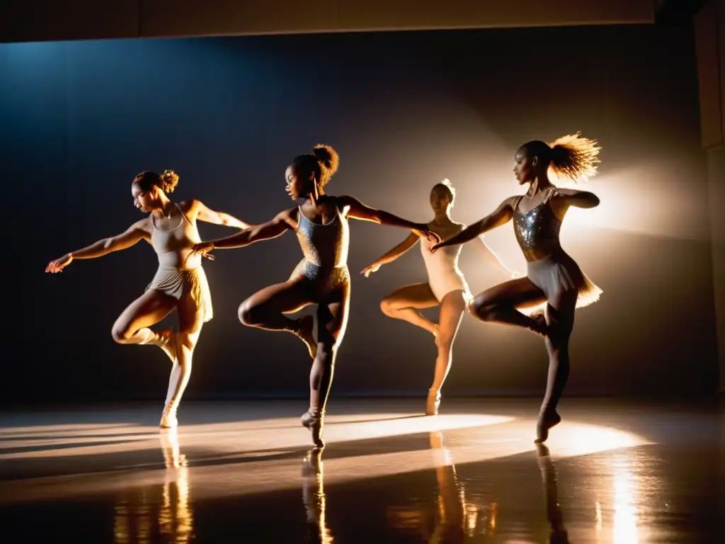 Grupo de bailarines congelados en un salto en estudio, bañados en luz cálida, expresando la importancia de la colaboración en danza