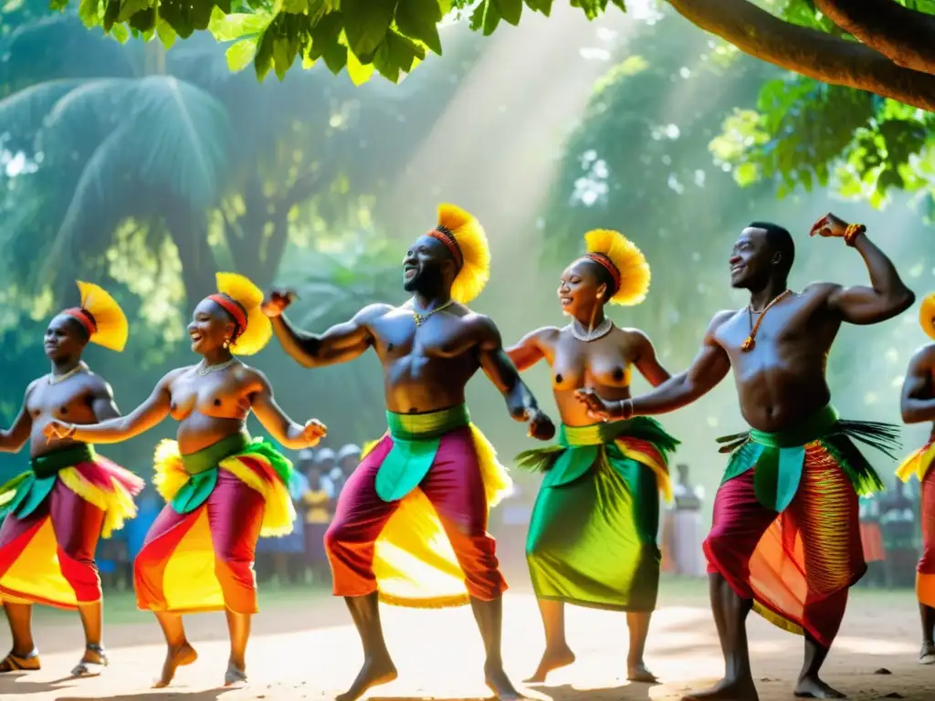 Un grupo de bailarines congoleños, vestidos con trajes tradicionales, realizando la enérgica danza Ndombolo bajo un dosel de frondosos árboles verdes