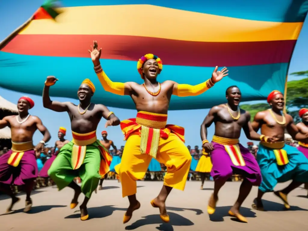 Grupo de bailarines congoleños en vibrante atuendo tradicional danzando Soukous, transmitiendo alegría y ritmo de la cultura del Ritmo Soukous República Democrática Congo