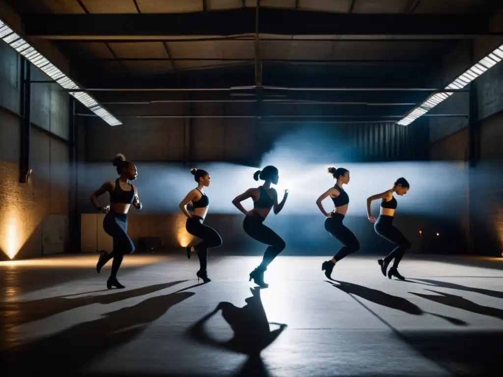 Un grupo de bailarines contemporáneos realizando una actuación en un almacén de estilo industrial, iluminado tenue